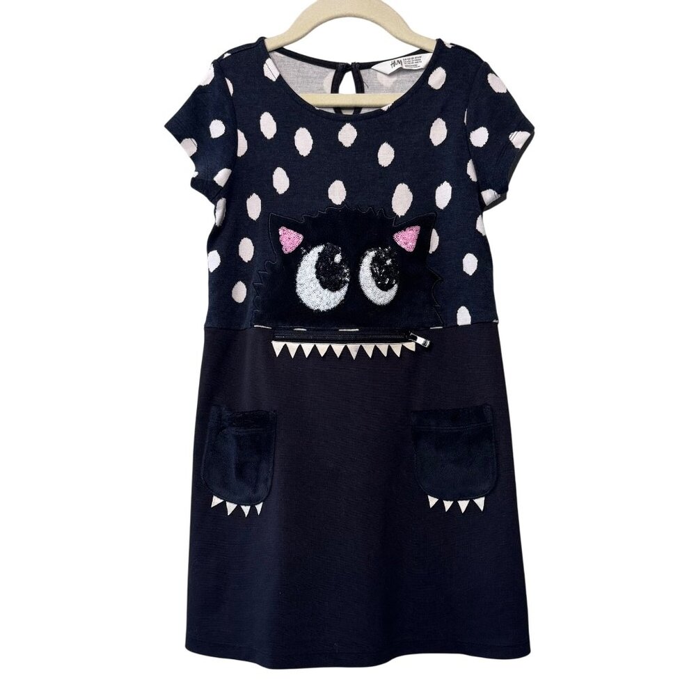 H&M Monster Cat Dress Girls 6-8 Velour Sequined Eyes & Paw Pockets Black Dots
